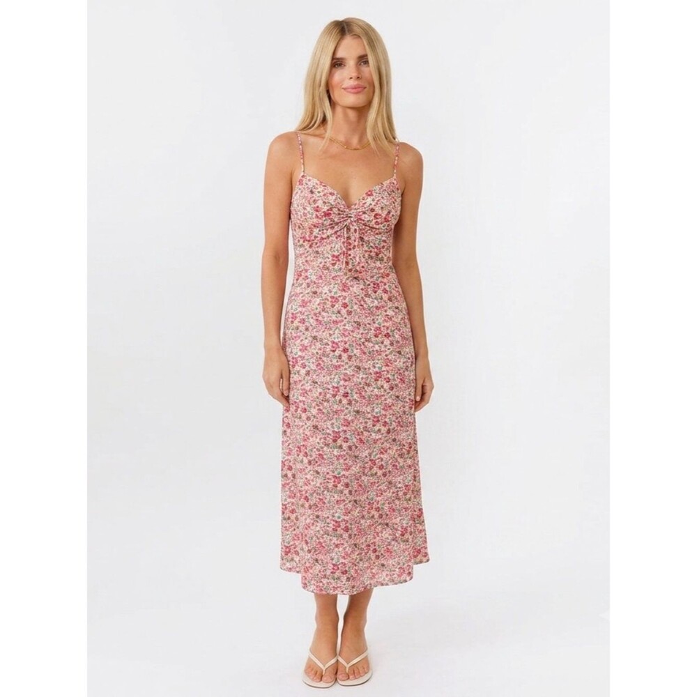 Kittenish Sweetheart Slip Cinched Midi Slide Slit Dress Ditsy Floral Size XS
